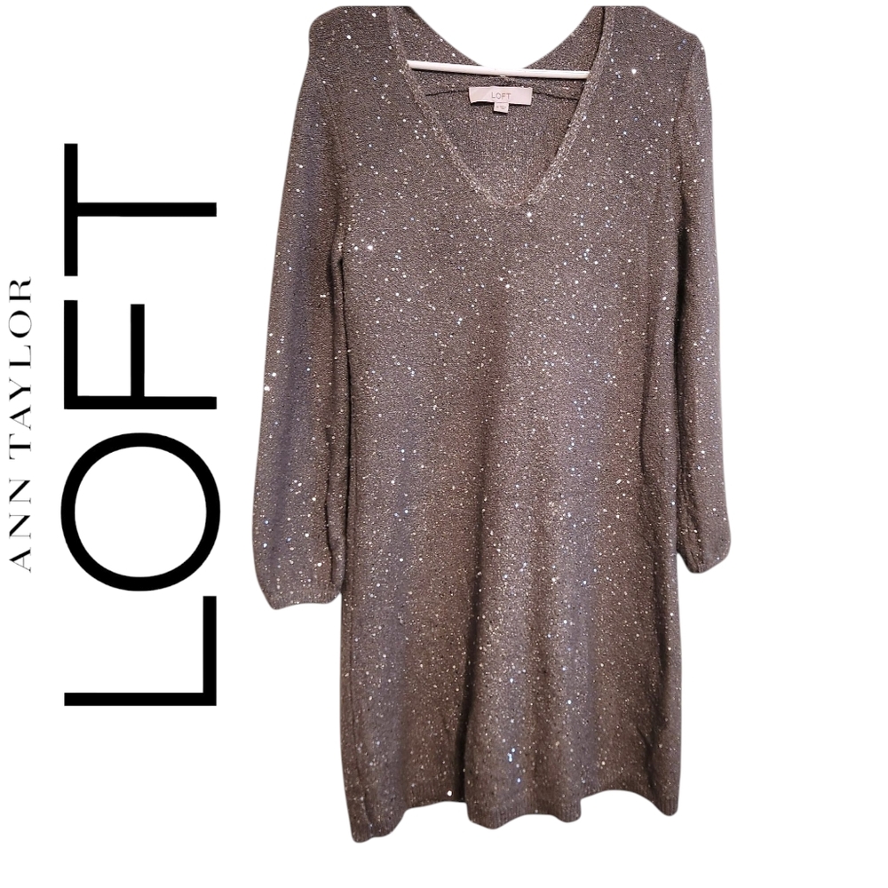 LOFT Gray Silver Sparkle Sweater Dress Sz Medium EUC